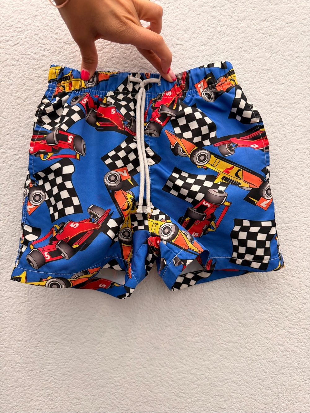 Blue Racing Print Boys Swim Shorts